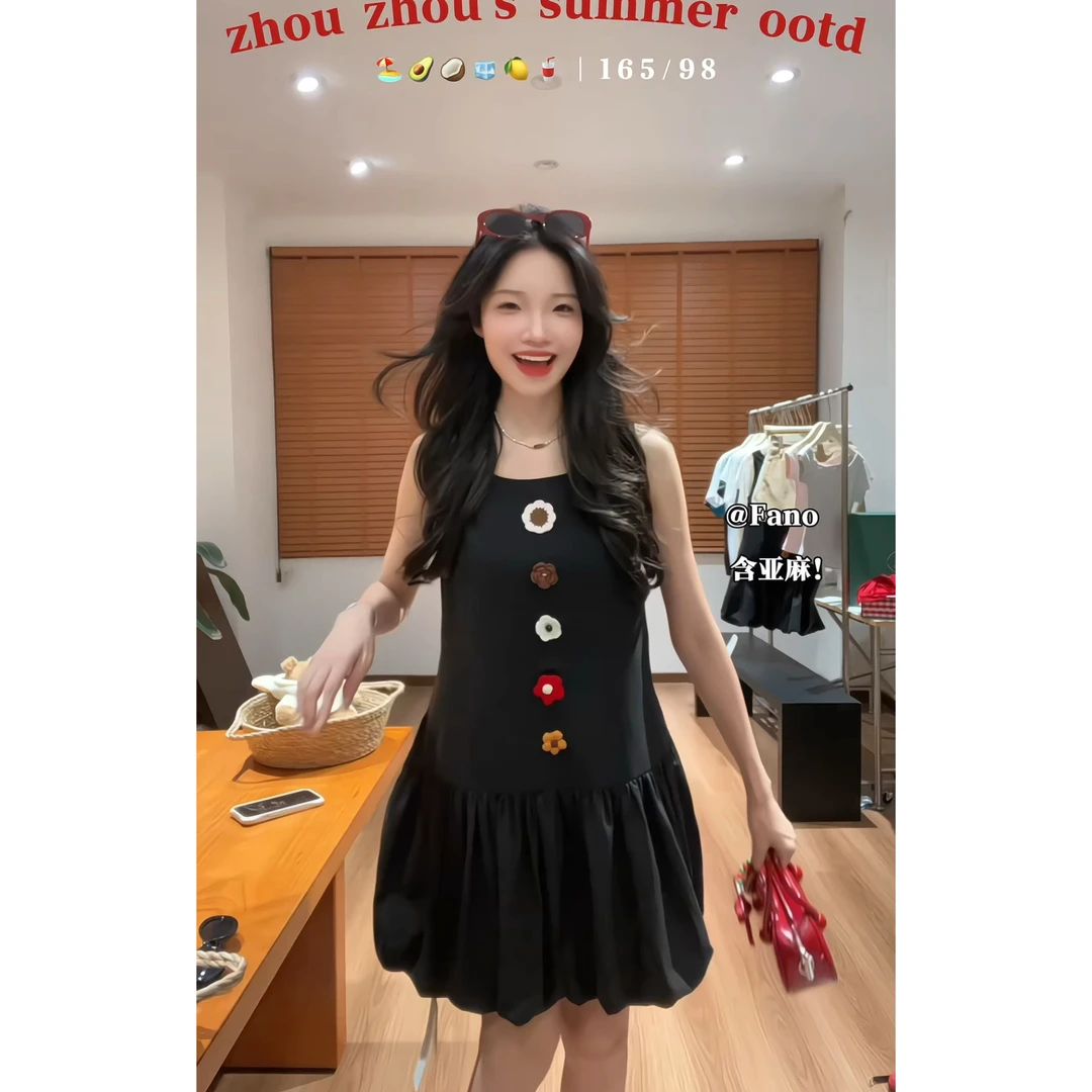 孟婆家【亚麻！】fan*原包装！立体钩花/花苞背心连衣裙～116