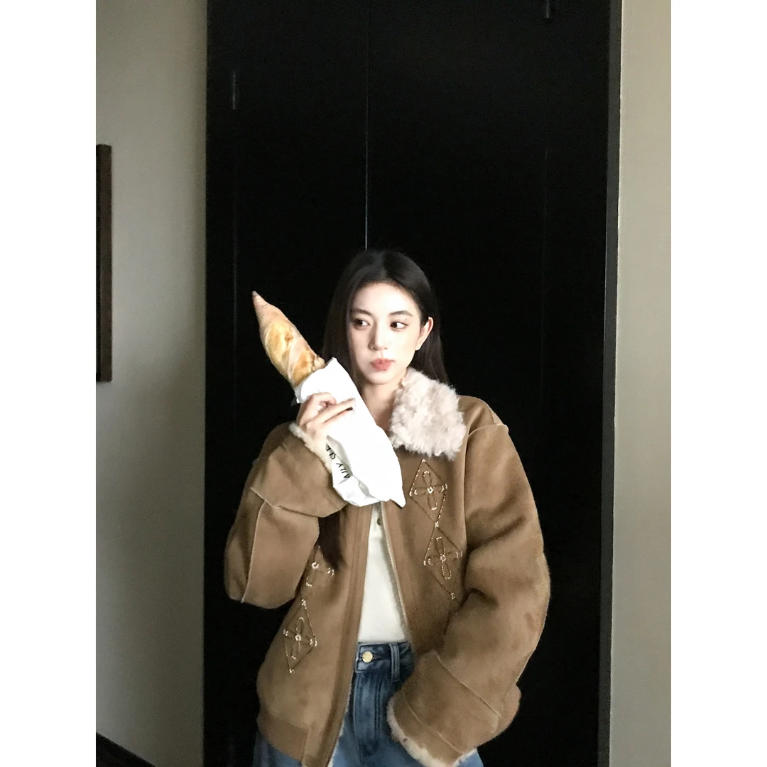 MG小象 美拉德本命' 麂皮皮毛一体毛毛外套女冬棕色复古加绒上衣
