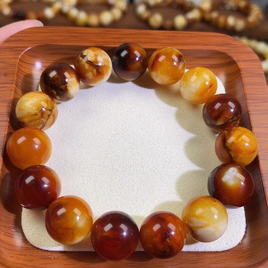 琥珀未镶嵌手链天然沁色蜜蜡圆珠手串13.8m