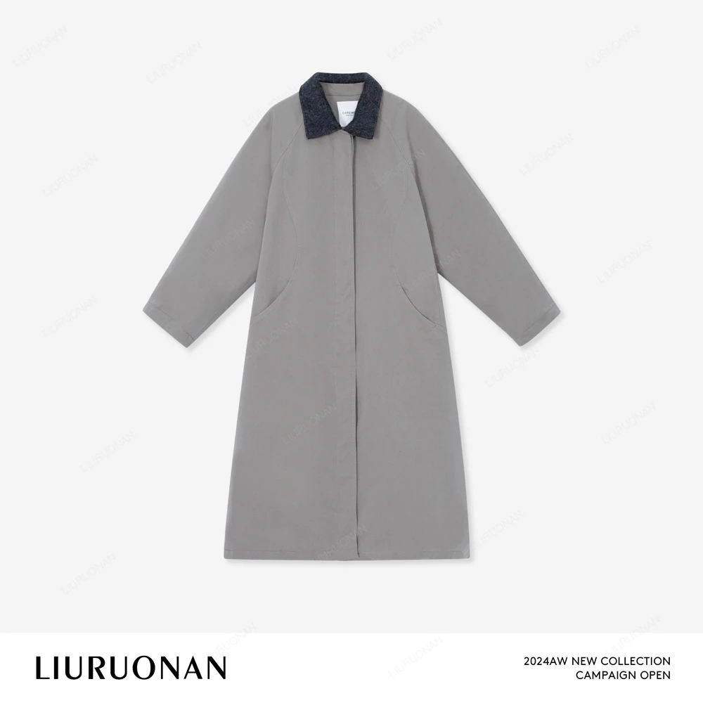LIURUONAN 24AW【风衣棉服】灰色翻领加厚保暖中长款外套女