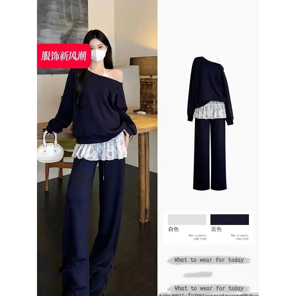 洋气网红孕妇装露肩宽松长袖卫衣蕾丝吊带+休闲长裤潮妈穿搭孕期