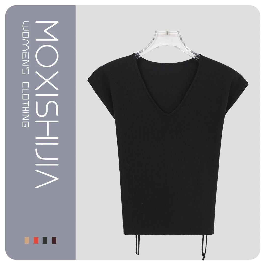 时尚休闲夏季v领修身抽绳温柔风短款T恤X26670