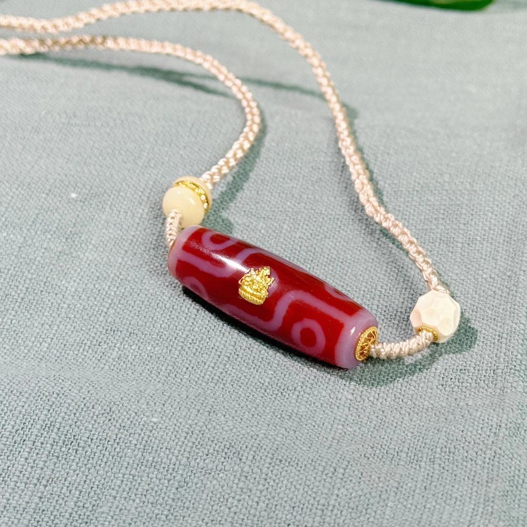 12月火  18K红肉镶金九眼天珠玛瑙项链（拉萨直发）DU250113104