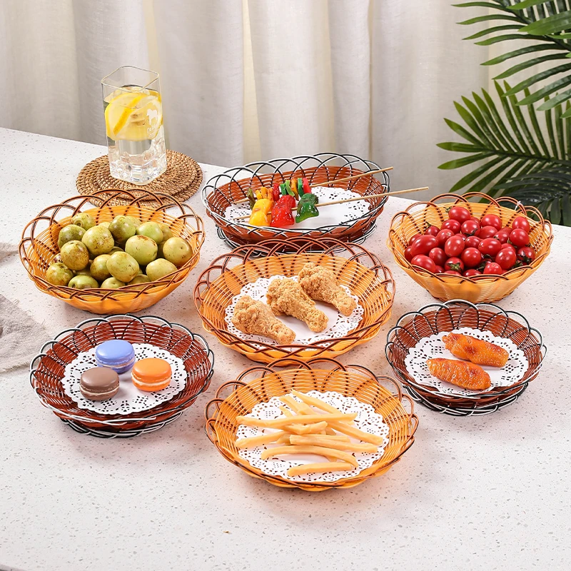 藤编篮圆形爆米花盘薯条篮KTV篮水果篮点心盘食品篮三线边