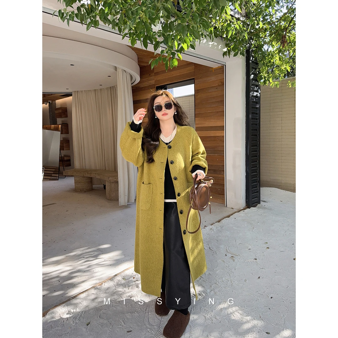 应小姐【青山黛】微胖大码苏丽羊驼毛+绵羊毛显瘦复古双面呢大衣