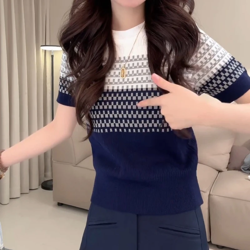 2025新款渐变条纹正肩短袖圆领针织上衣LK2502051