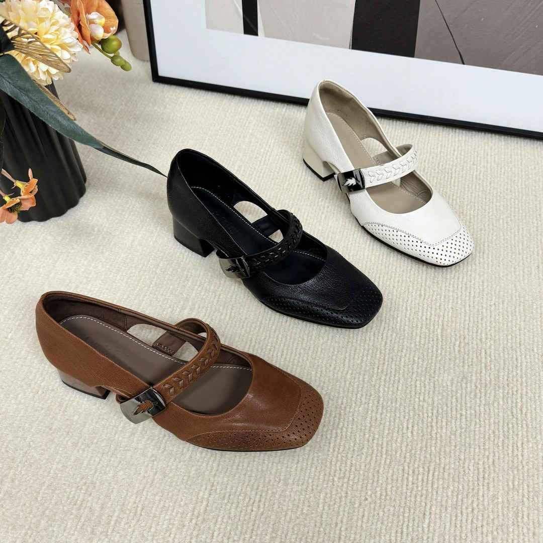 4CM/头层羊皮/夏季透气镂空气质百搭中跟方头软底粗跟单鞋HK628