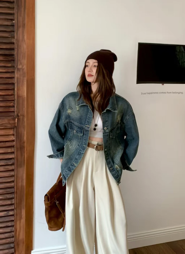 秋季新款时尚韩版宽松复古怀旧水洗牛仔外套女百搭ins设计感上衣