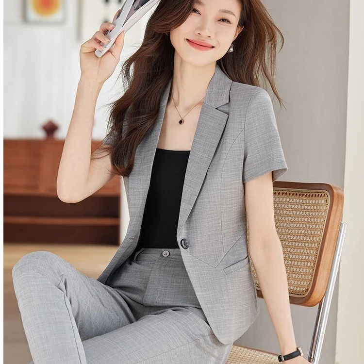 灰色小个子职业西服套装夏款修身女神范前台美容院珠宝店职业西装
