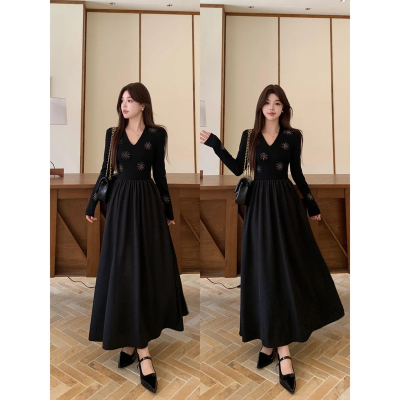 时尚孕妇秋冬新款法式重工烫钻高腰连衣裙女复古拼接连衣裙