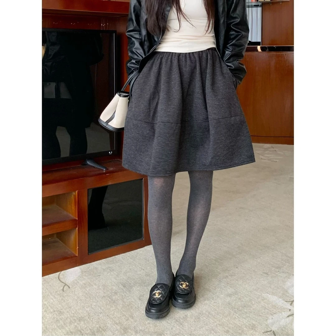 韩系灰色毛呢花苞半身裙女秋冬新品甜美百搭显瘦高腰a字蓬蓬中裙