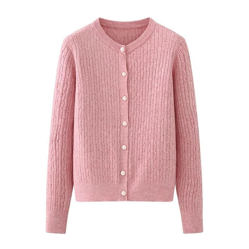 法式显瘦坑条麻花毛衣女2025早秋冬季圆领单排扣休闲百开衫上衣