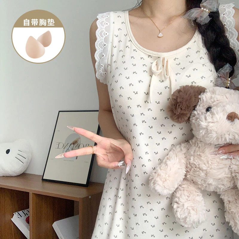 樱桃碎花无袖睡衣女夏季带胸垫可爱小个子吊带背心睡裙外穿家居服
