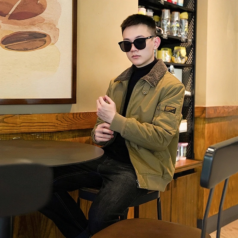 休闲复古痞帅夹克男加绒工装美式男大码翻领棉衣工装夹克上衣男生