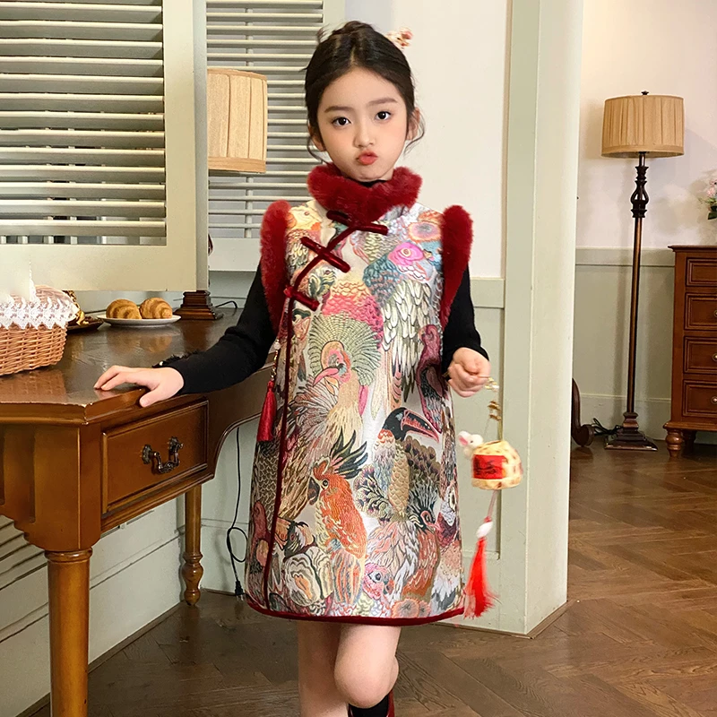 53718汉服女童新中式背心裙过年拜年服2025冬季新款周岁礼连衣裙