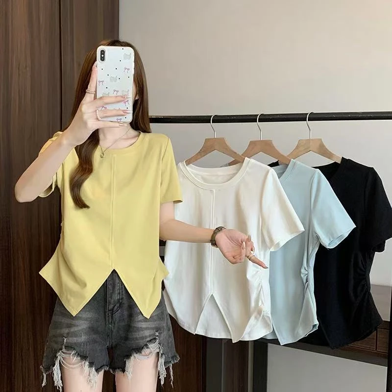 胖mm夏季洋气不规则开叉显瘦时尚百搭2025新款大码圆领短袖小众女
