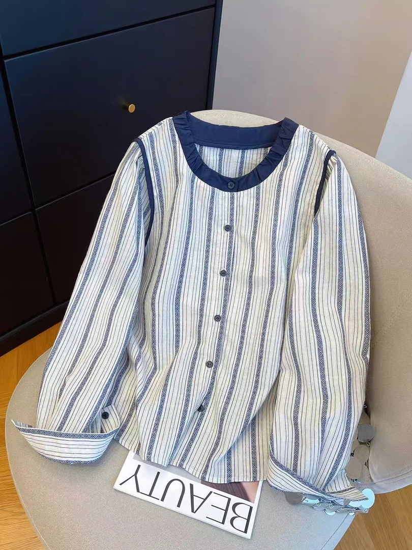 条纹花边圆领长袖衬衫女2025早秋宽松显瘦气质洋气小个子开衫上衣