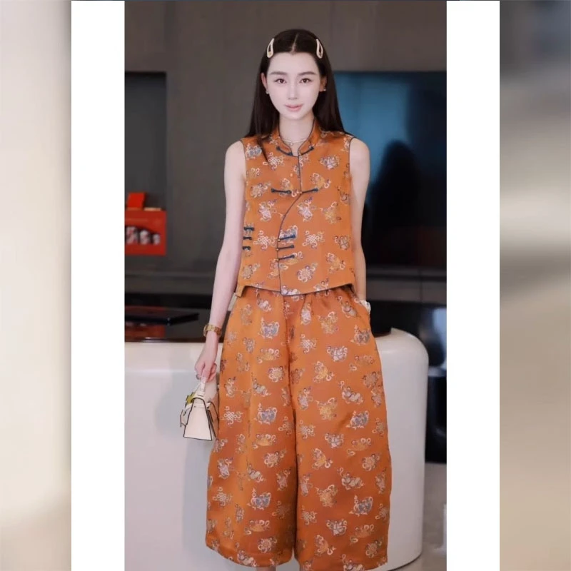 新中式国风洋气减龄穿搭小众独特别致橘色印花上衣套装裤2025夏装
