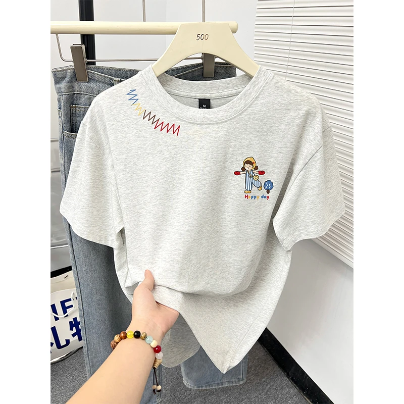 纯棉洋气印花短袖T恤女2025夏新款韩版减龄时尚宽松百搭休闲上衣