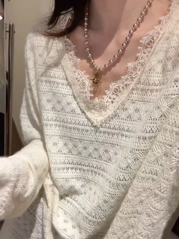 ZHANGZ.Z【蕾丝】仙女百搭长袖t恤女宽松休闲纯色上衣韩版时尚气质