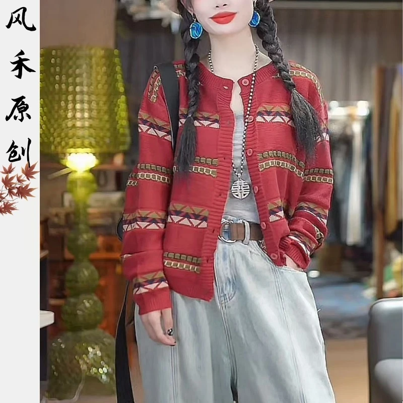 风禾原创【88038】秋季新款时尚百搭休闲圆领色织条纹长袖针织开衫