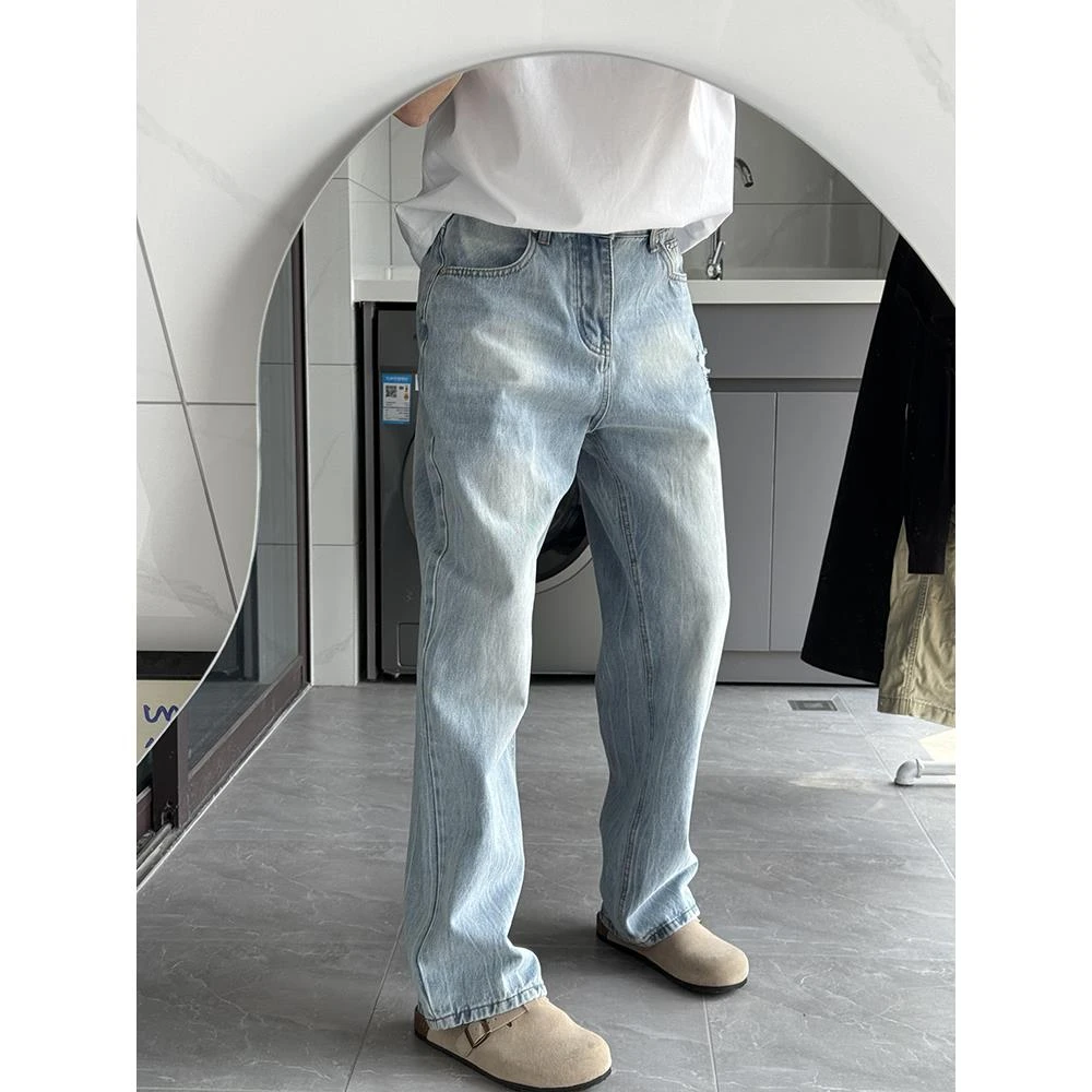 高品质水波纹破洞牛仔裤男款美式高街设计感高级cleanfit直筒裤子
