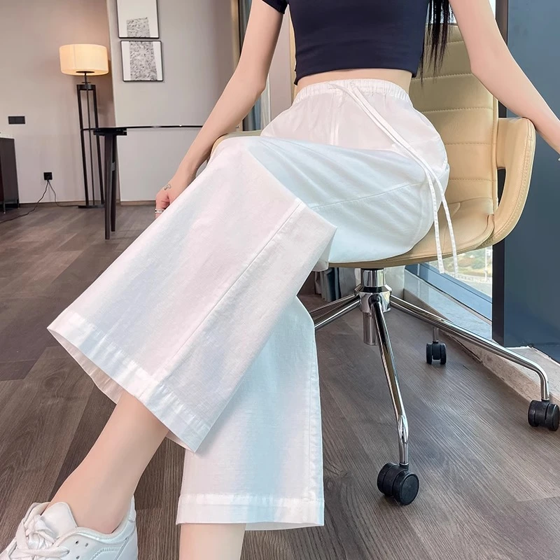 白色阔腿裤女夏季新款仿亚麻垂感透气显瘦小个子直筒冰丝空调裤潮