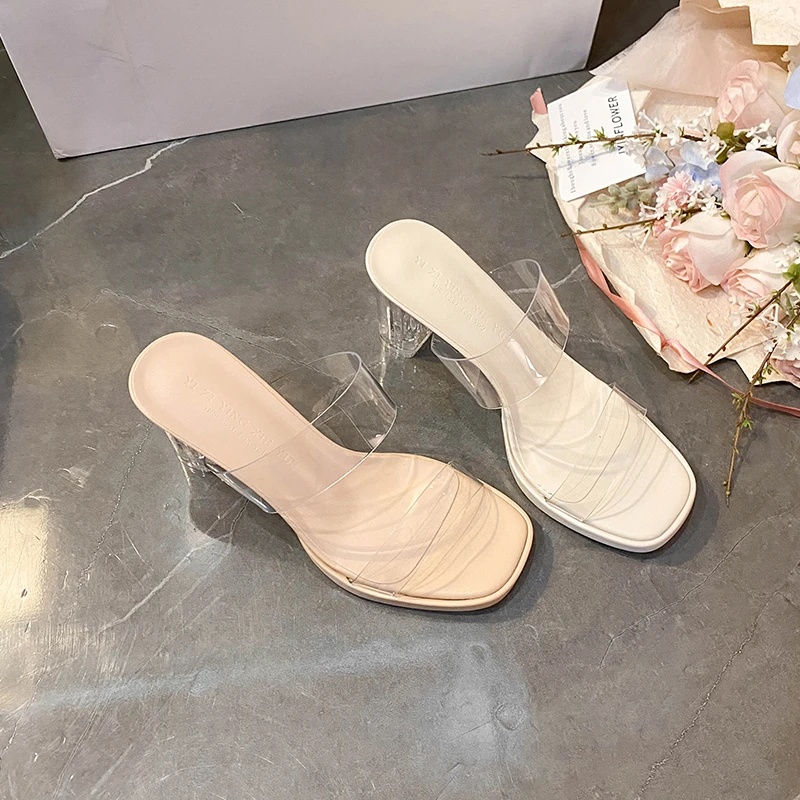 馨奈网红一字带透明超高跟防水台粗跟凉拖鞋25年新款女夏小码V款