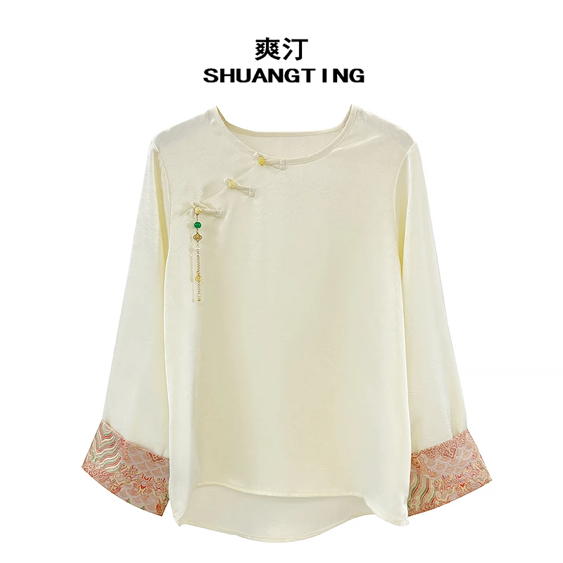 Jokara/丘可儿【云屏】中式流苏拼袖撞色提花衬衫提花套头衬衣春