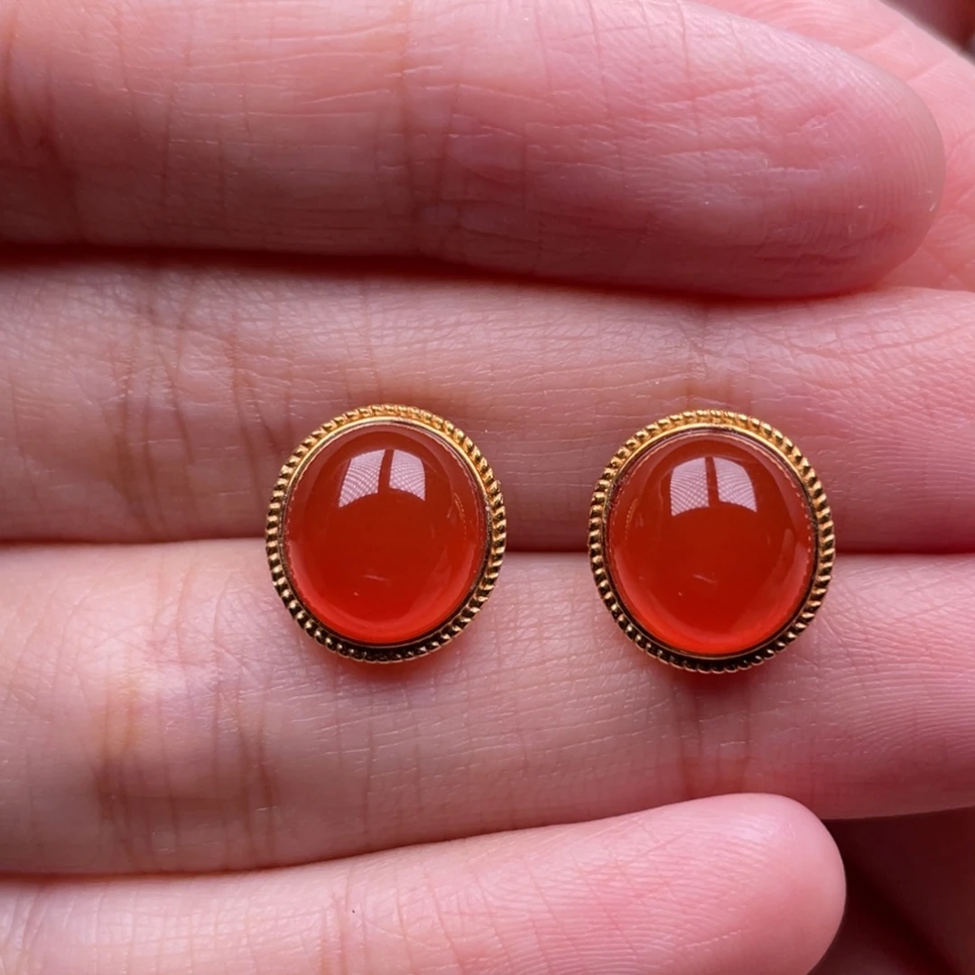 南红玛瑙18K金镶嵌珠宝奇石耳钉
