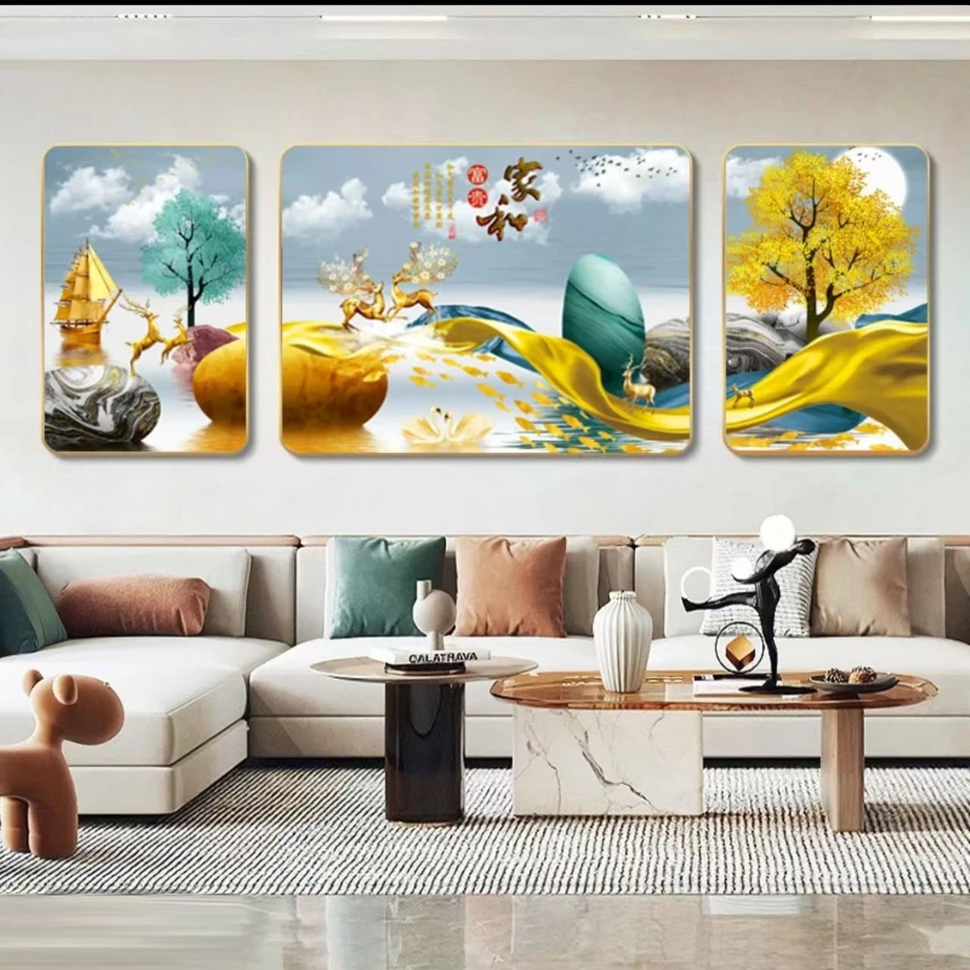 M001客厅背景墙轻奢挂画晶瓷镶钻装饰画沙发背景三联画
