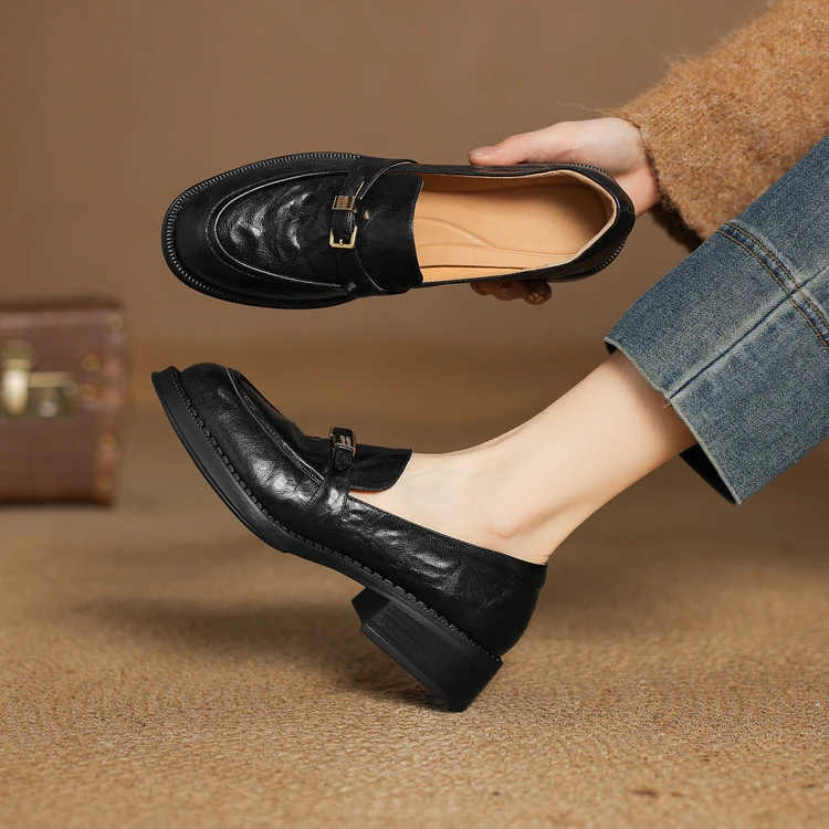 VICEN FIFI3cm/羊皮乐福鞋女圆头粗跟2025新款百搭小皮鞋显瘦单鞋