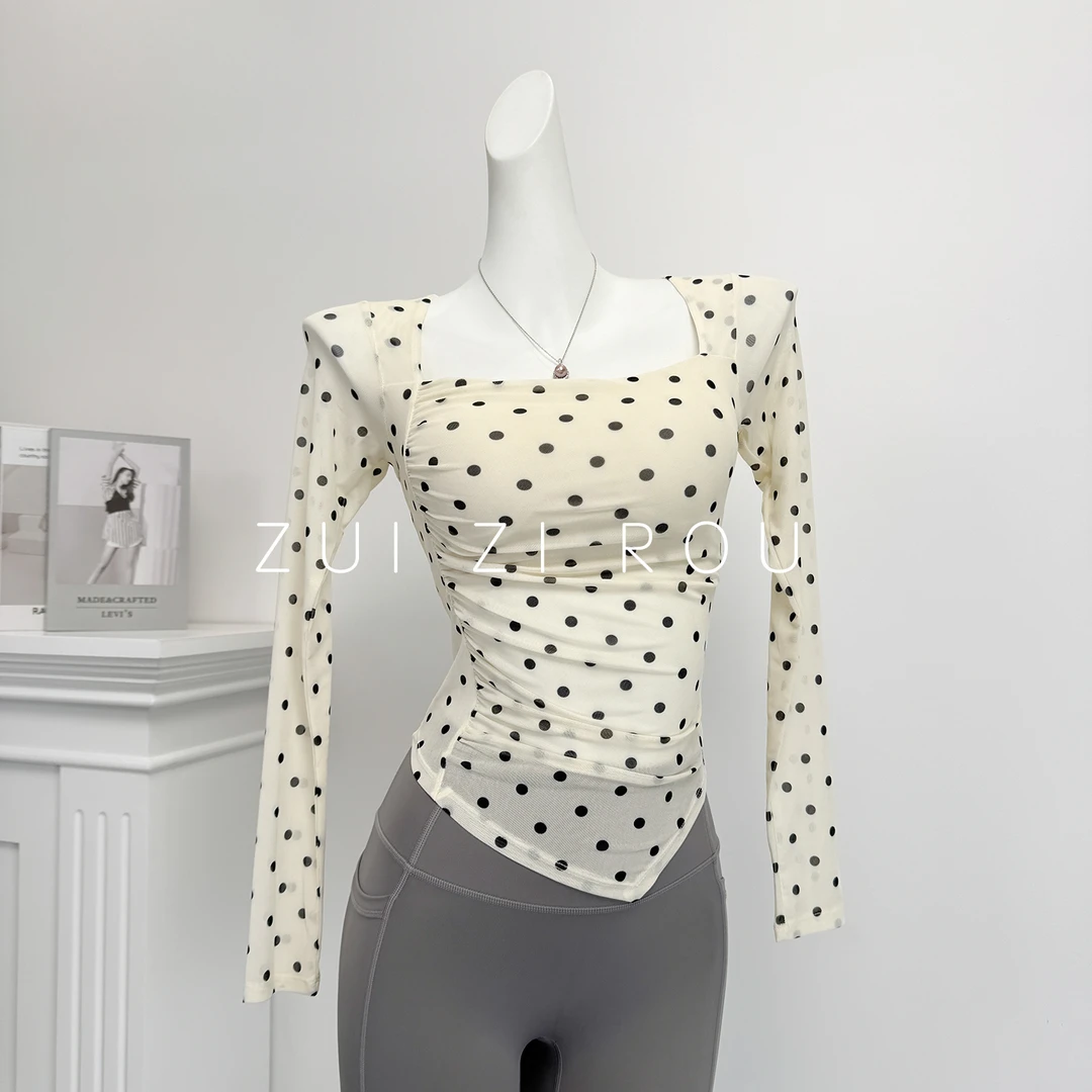 波点瑜伽上衣女带胸垫网纱拼接普拉提训练服运动紧身衣绝美健身服