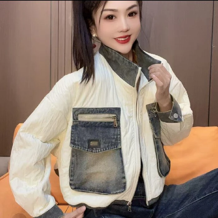 768#拼接牛仔薄棉外套