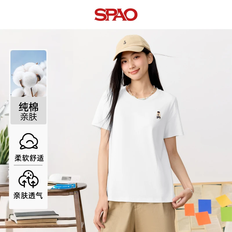 SPAO韩国同款白色t恤女2025夏季新品小熊印花宽松显瘦纯棉短袖YC