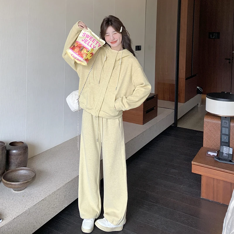 黄色韩版学院风洋气连帽卫衣套装女2025春季新款高腰阔腿裤两件套