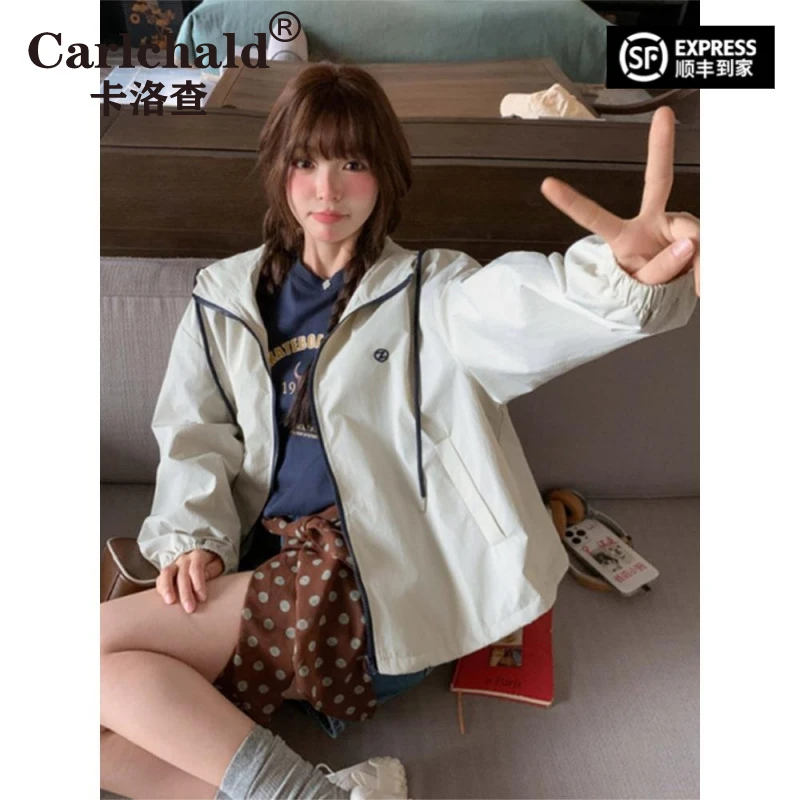 CARLCHALD卡洛查米白色连帽冲锋衣外套女秋季2025新款韩系小个子