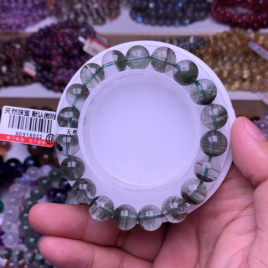 水晶手链未镶嵌浅***然绿幽灵千层10mm
