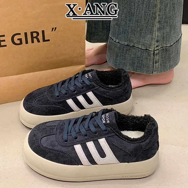 皮棕色厚底德训鞋女加绒加厚保暖秋冬厚底休闲运动鞋板鞋子冬季