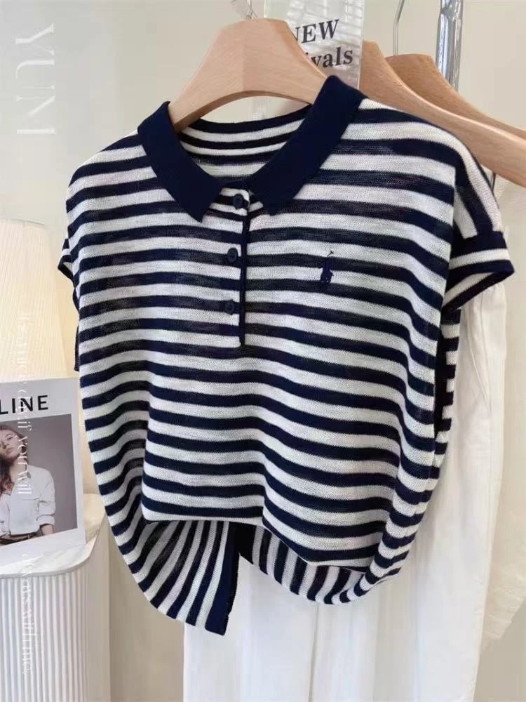 *子怡*针织亚麻翻领条纹短袖69168