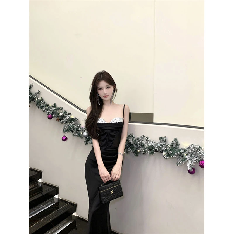 【暗夜精灵】法式轻奢名媛性感纯欲气质吊带亮片拼接晚礼服连衣裙女