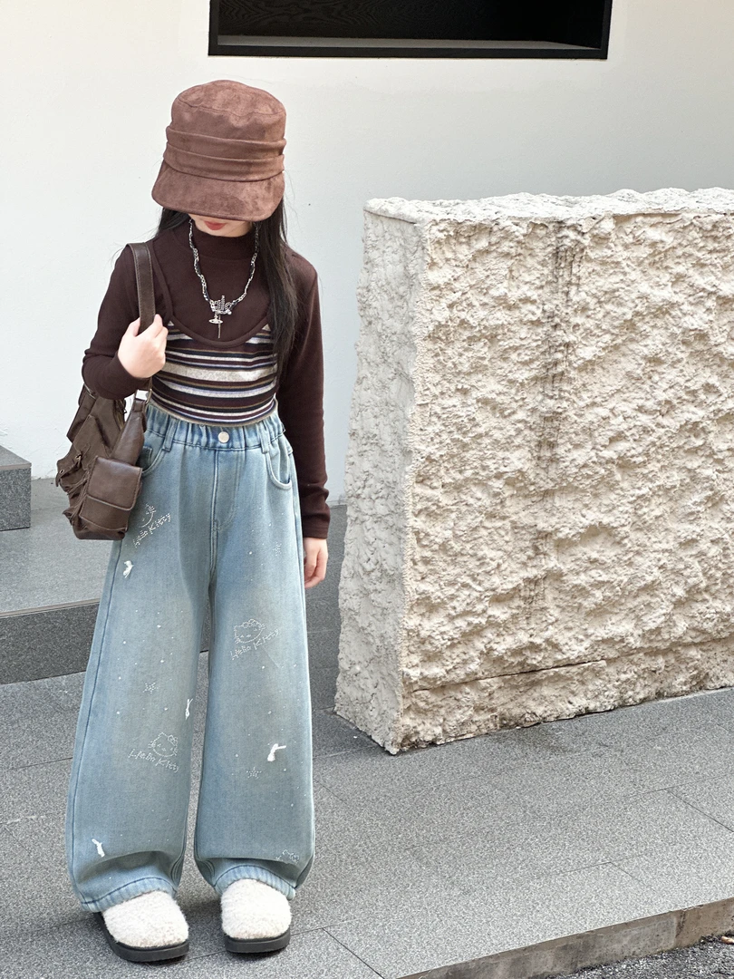 ADAM女童烫钻加绒直筒牛仔裤2025冬季新款修身直筒裤