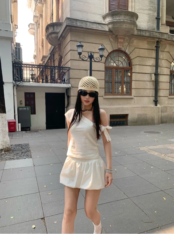 WUDALIAN夏季可盐可甜斜肩t恤蝴蝶结飘带小众设计感短袖女