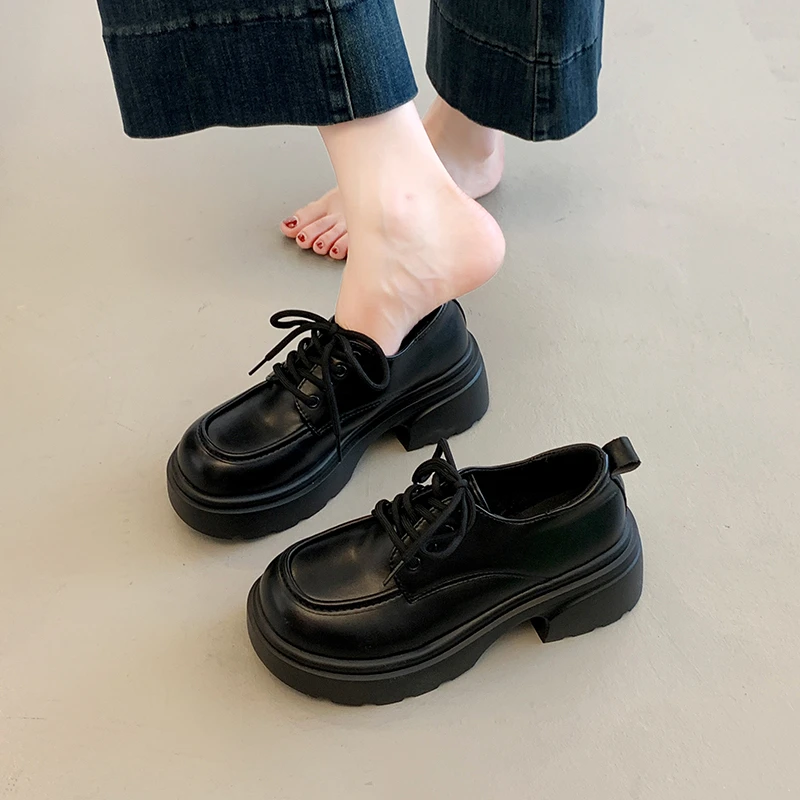 女士厚底圆头乐福鞋2025春秋新款日系百搭复古小皮鞋粗跟系带单鞋