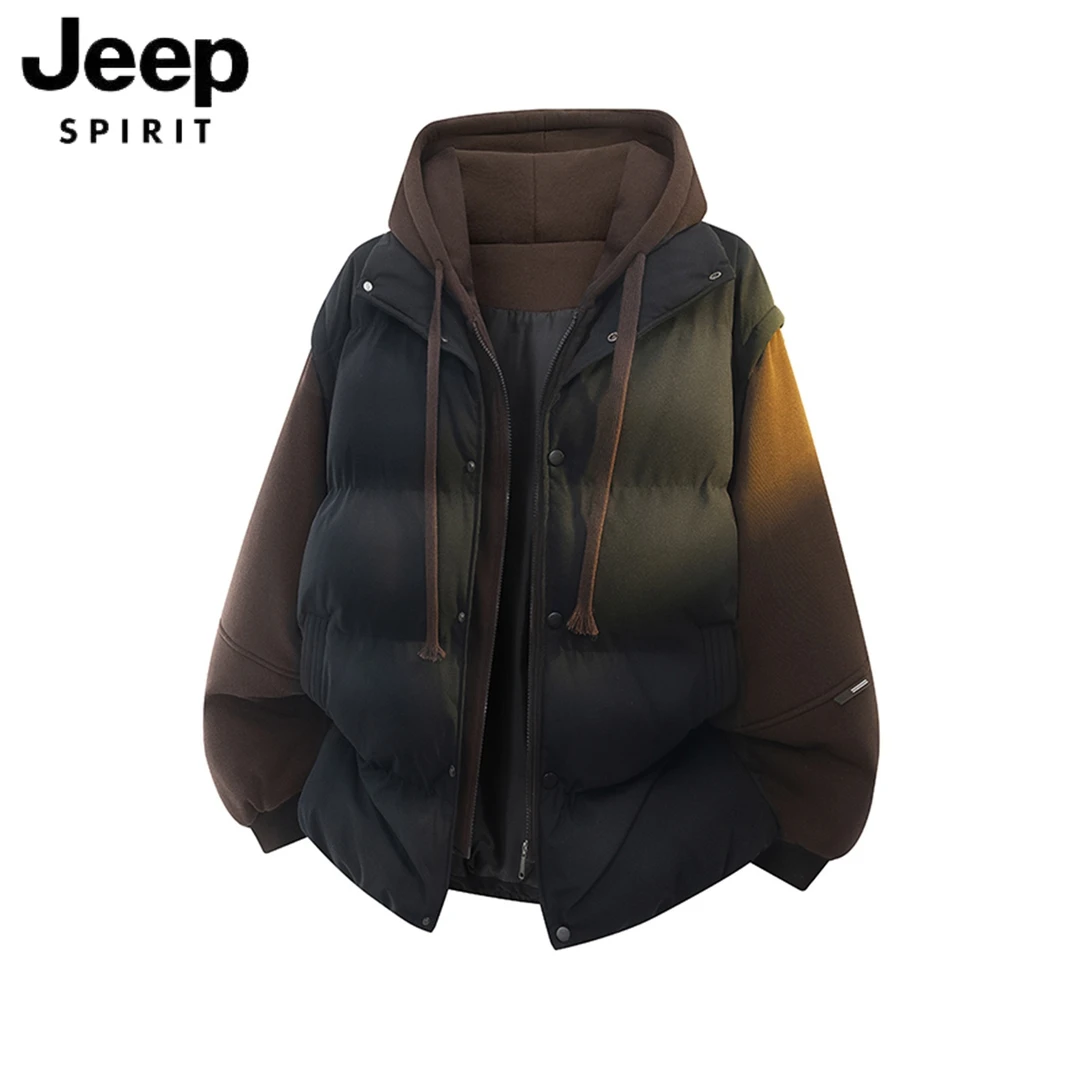 JEEP吉普假两件连帽休闲宽松男冬季新款加厚棉衣保暖棉服外套男士