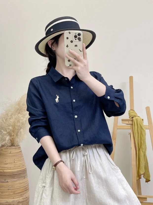 【100纯亚麻】女士棉麻衬衫长袖时尚休闲老钱风简约文艺百搭25256