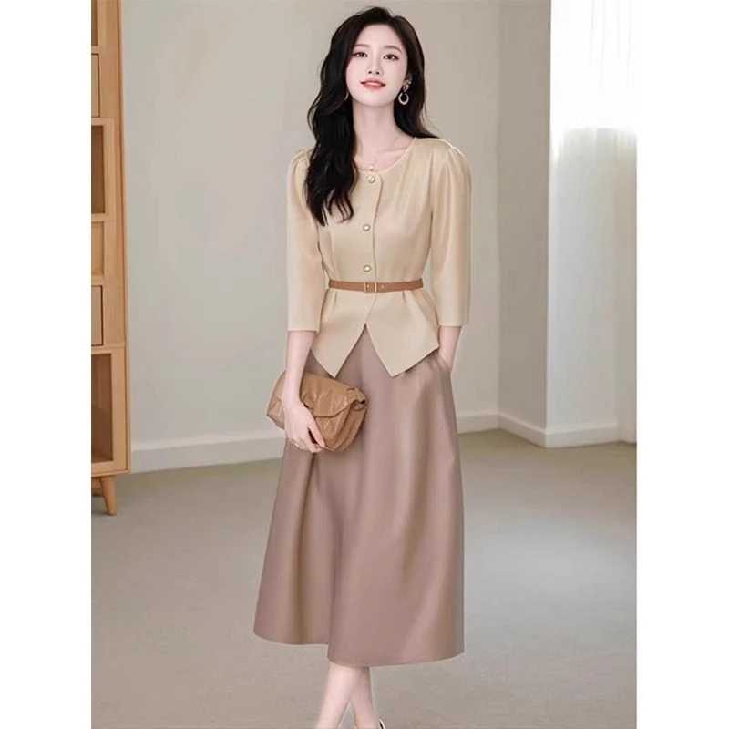 法式高档气质通勤套装裙女2025春季新款七分袖衬衫半身裙两件套