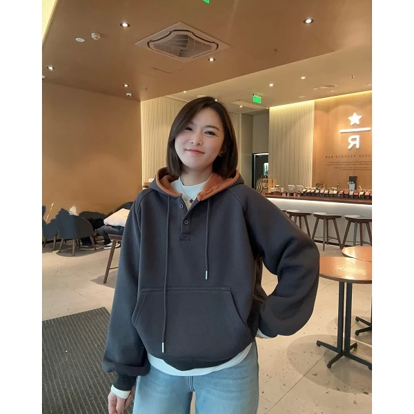 【慕斯】别致拼接撞色设计半开衫加绒连帽秋冬卫衣