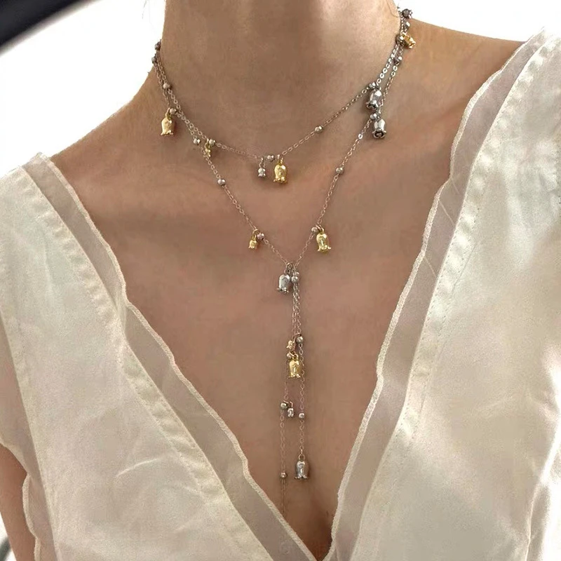 铜项链 ins风长款风铃兰花双层叠戴项链女轻奢设计高级感超长颈链