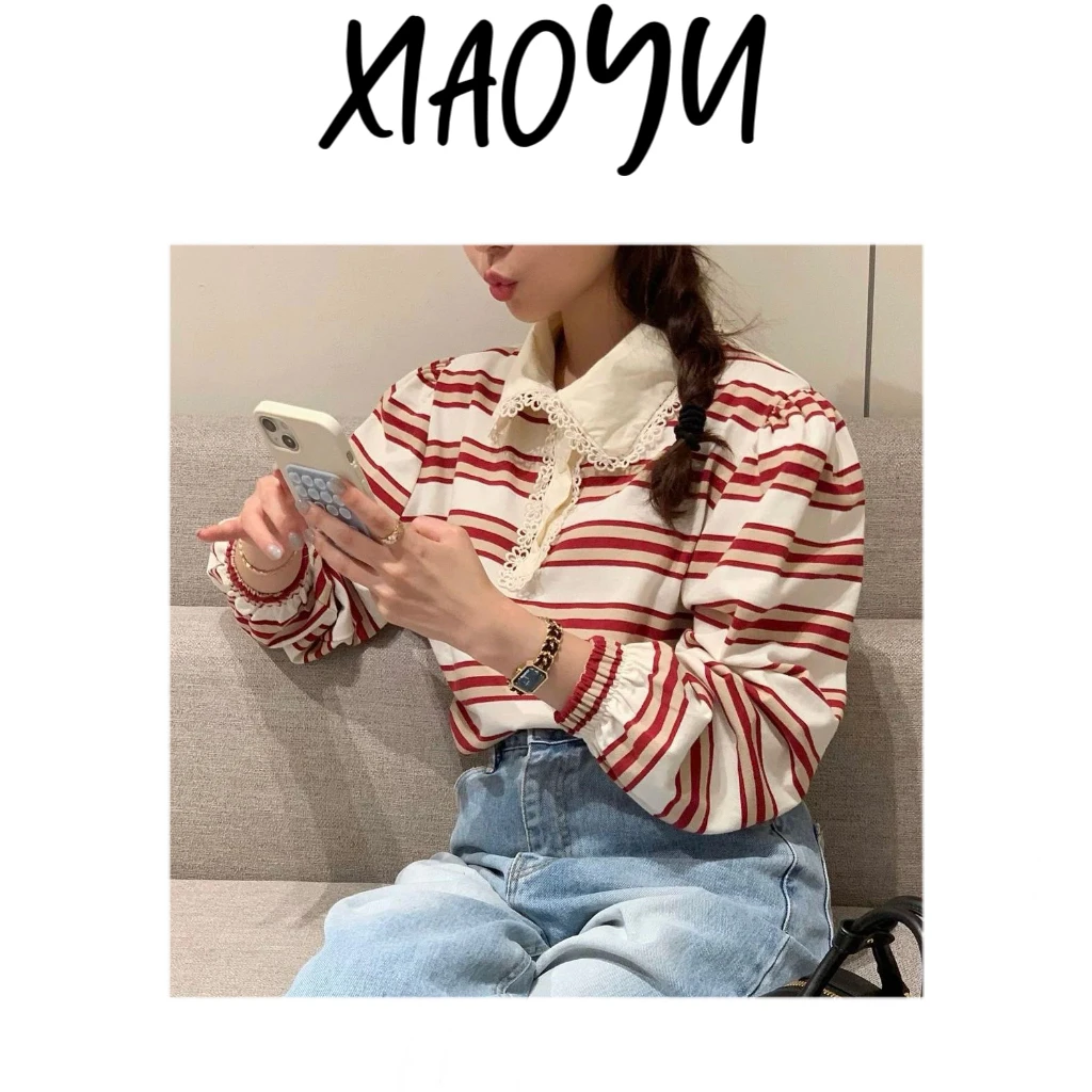 【蕾丝领】S韩chic蕾丝POLO领镂空钩花设计条纹长袖打底衫百搭显瘦